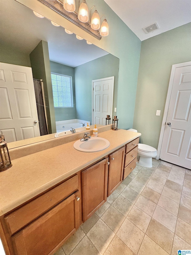 full bath featuring visible vents, a shower with curtain, toilet, a tub to relax in, and vanity