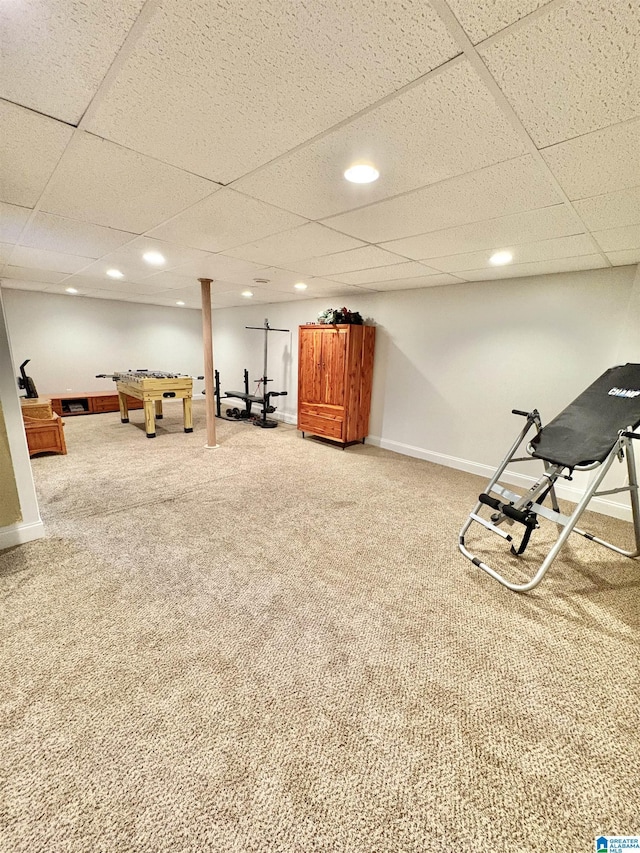 exercise room featuring carpet floors, baseboards, a drop ceiling, and pool table