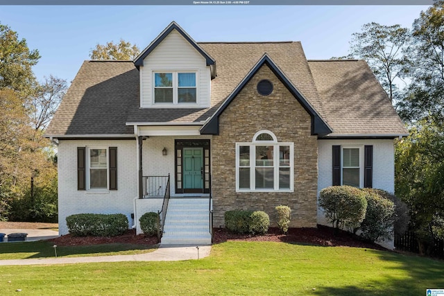 view of front of home featuring brick siding, a front lawn, and a shingled roof