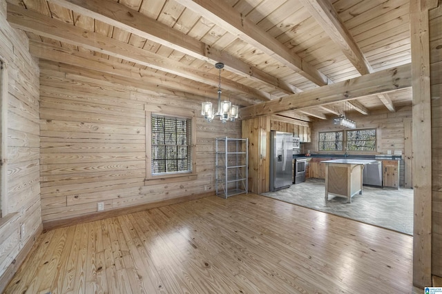 2315 Blackjack Rd, Trussville, AL 35173 - interior space featuring wooden walls, light wood-style flooring, beam ceiling, appliances with stainless steel finishes, and wood ceiling