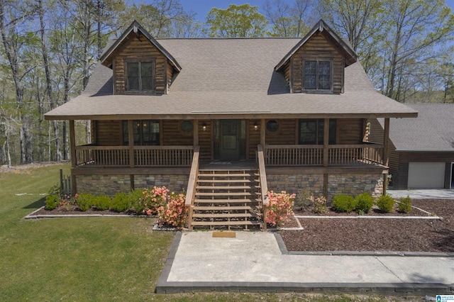 2315 Blackjack Rd, Trussville, AL 35173 - log home featuring a front yard, stairway, covered porch, and roof with shingles