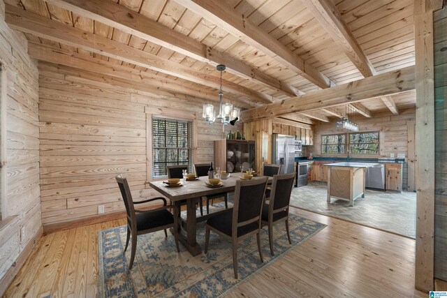 2315 Blackjack Rd, Trussville, AL 35173 - dining space with beamed ceiling, wooden ceiling, wood walls, and a chandelier