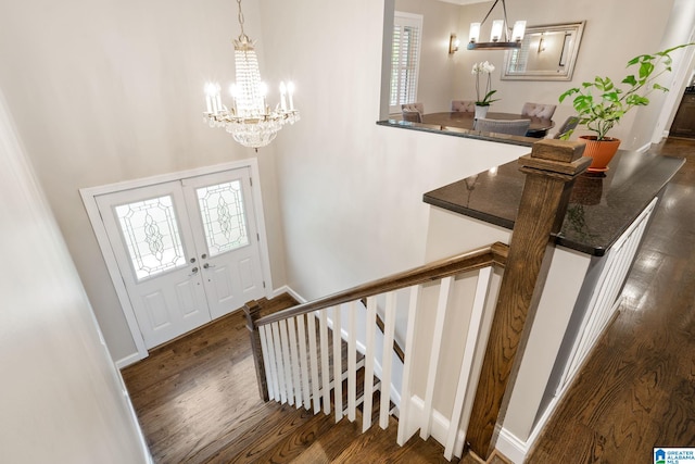 5448 Palomino Trl, Birmingham, AL 35242 - entryway featuring a chandelier, french doors, dark wood-style floors, and stairs