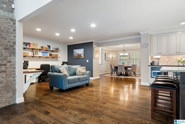 5448 Palomino Trl, Birmingham, AL 35242 - living room with ornamental molding, baseboards, recessed lighting, and dark wood finished floors