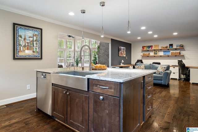5448 Palomino Trl, Birmingham, AL 35242 - kitchen featuring dishwasher, a sink, ornamental molding, dark wood-style flooring, and light stone countertops