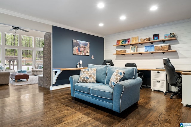 5448 Palomino Trl, Birmingham, AL 35242 - office area featuring crown molding, a ceiling fan, recessed lighting, and dark wood-style flooring
