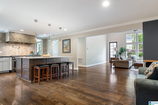 5448 Palomino Trl, Birmingham, AL 35242 - kitchen with custom range hood, tasteful backsplash, a breakfast bar, ornamental molding, and open floor plan