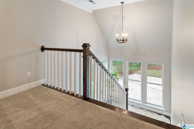 5448 Palomino Trl, Birmingham, AL 35242 - staircase with baseboards, carpet flooring, an inviting chandelier, and lofted ceiling