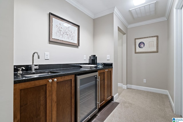 5448 Palomino Trl, Birmingham, AL 35242 - bar featuring a sink, dark carpet, wet bar, crown molding, and beverage cooler