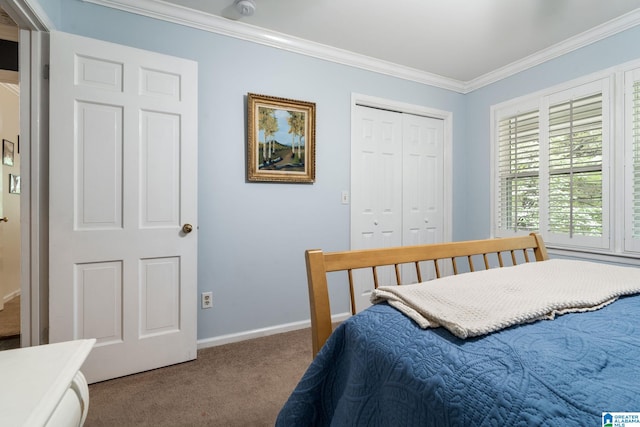 5448 Palomino Trl, Birmingham, AL 35242 - bedroom with crown molding, a closet, baseboards, and carpet flooring