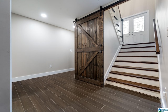 5448 Palomino Trl, Birmingham, AL 35242 - stairs featuring baseboards, recessed lighting, a barn door, and wood finished floors