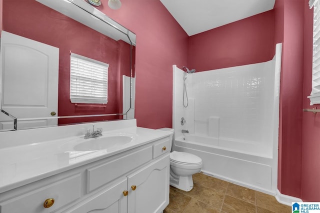 full bath featuring vanity, shower / tub combination, and toilet