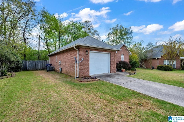 view of side of property featuring a lawn, a garage, fence, concrete driveway, and brick siding