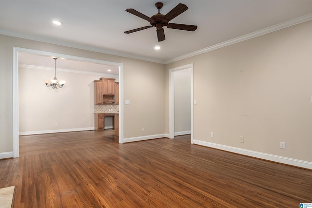 unfurnished living room with baseboards, recessed lighting, dark wood-style floors, and ceiling fan with notable chandelier