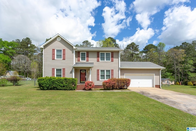 view of front facade featuring an attached garage, driveway, fence, and a front lawn