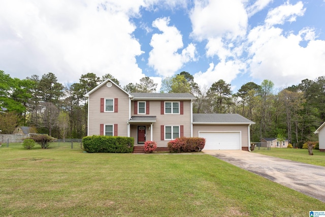 view of front of property featuring a front yard, an attached garage, fence, and driveway