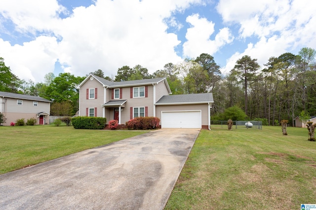 colonial home with concrete driveway, a front yard, and an attached garage