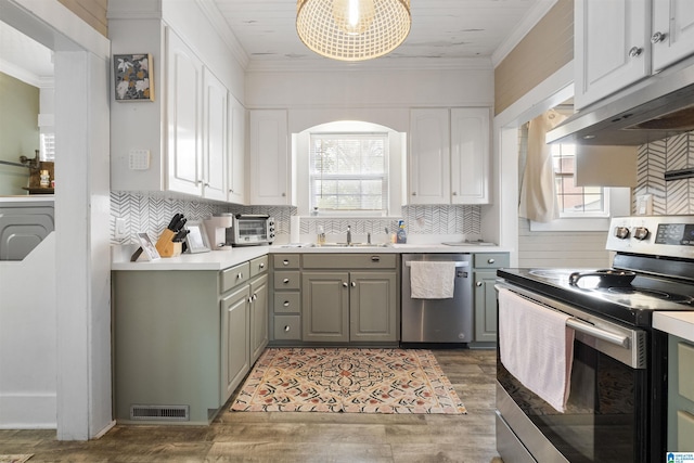 kitchen with gray cabinets, appliances with stainless steel finishes, a wealth of natural light, and under cabinet range hood