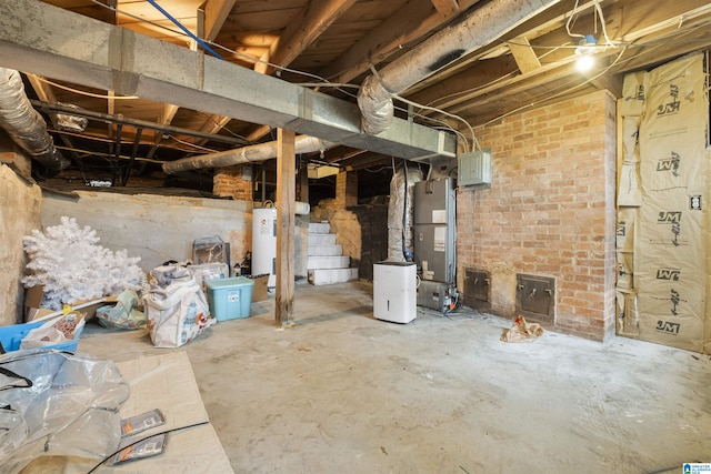 unfinished basement featuring electric water heater and heating unit