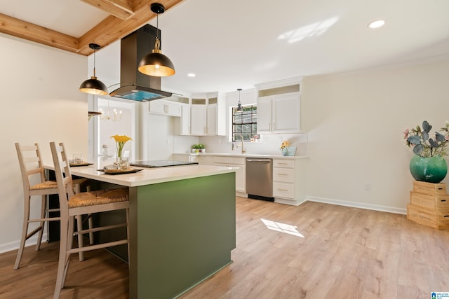 kitchen featuring black electric cooktop, island exhaust hood, stainless steel dishwasher, a peninsula, and white cabinetry