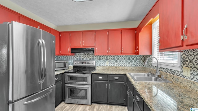 kitchen featuring a sink, appliances with stainless steel finishes, under cabinet range hood, light wood-style flooring, and red cabinets