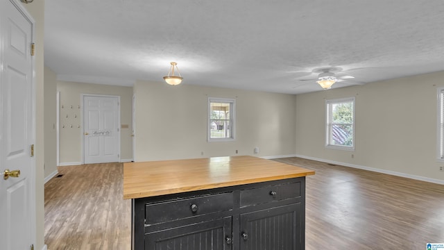 kitchen featuring open floor plan, wood counters, and dark cabinets