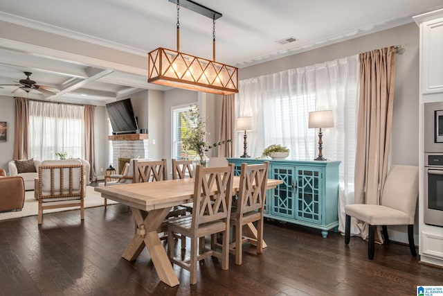 6037 Clubhouse Dr, Trussville, AL 35173 - dining room with coffered ceiling, dark wood-type flooring, healthy amount of natural light, ceiling fan, and beam ceiling