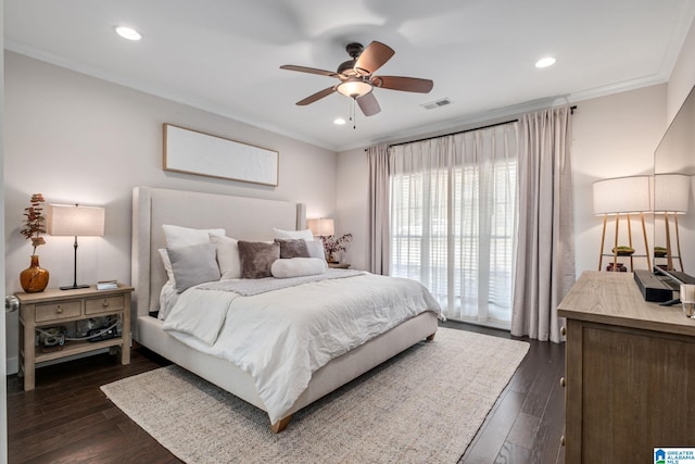 6037 Clubhouse Dr, Trussville, AL 35173 - bedroom with crown molding, dark wood finished floors, recessed lighting, and ceiling fan