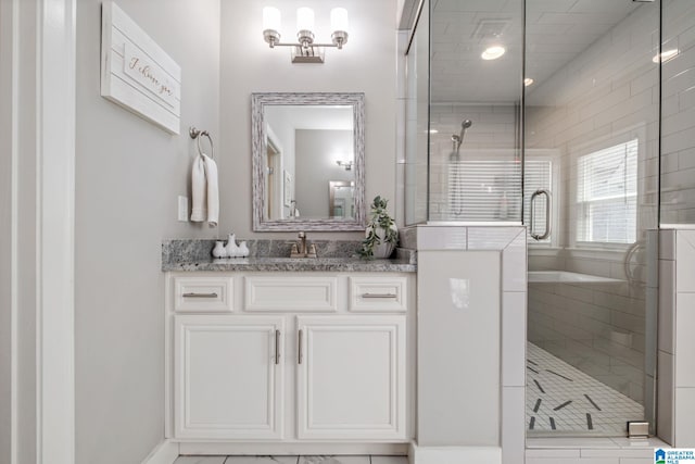6037 Clubhouse Dr, Trussville, AL 35173 - full bath with a shower stall, vanity, and marble look tile flooring