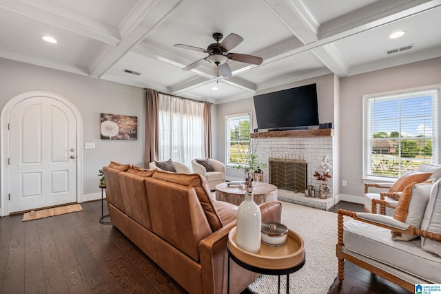 6037 Clubhouse Dr, Trussville, AL 35173 - living room with coffered ceiling, beamed ceiling, dark wood-type flooring, a fireplace, and a ceiling fan