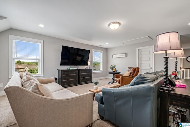 6037 Clubhouse Dr, Trussville, AL 35173 - living room featuring carpet flooring, attic access, recessed lighting, and vaulted ceiling