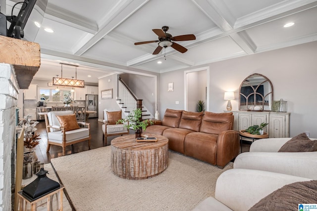 6037 Clubhouse Dr, Trussville, AL 35173 - living room featuring coffered ceiling, ceiling fan, stairs, beam ceiling, and recessed lighting
