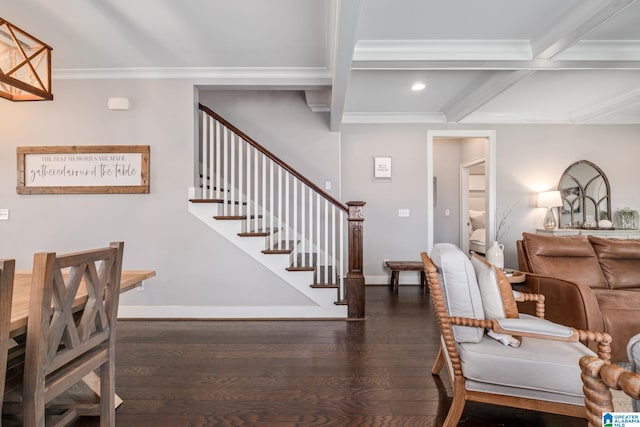 6037 Clubhouse Dr, Trussville, AL 35173 - living room with wood finished floors, beam ceiling, crown molding, recessed lighting, and stairway