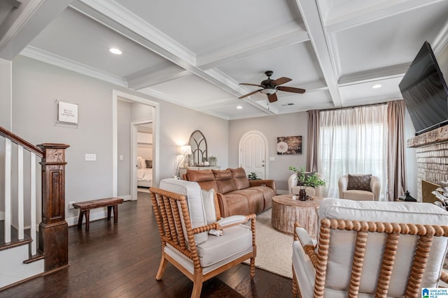 6037 Clubhouse Dr, Trussville, AL 35173 - living room with stairs, coffered ceiling, dark wood finished floors, beam ceiling, and recessed lighting