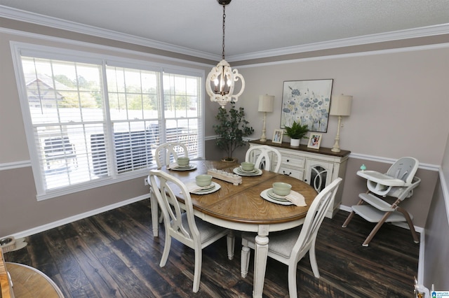 dining room with a chandelier, plenty of natural light, baseboards, and dark wood finished floors