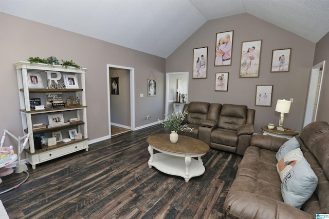 living room featuring baseboards, vaulted ceiling, and wood finished floors