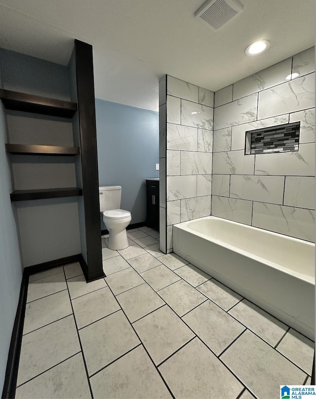 full bathroom with tile patterned floors, shower / bathtub combination, visible vents, and toilet