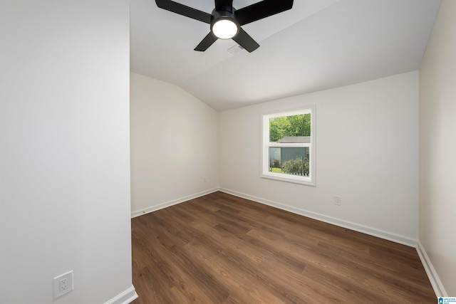 1121 Lawley St, Helena, AL 35080 - unfurnished room with dark wood-style flooring, baseboards, visible vents, lofted ceiling, and a ceiling fan