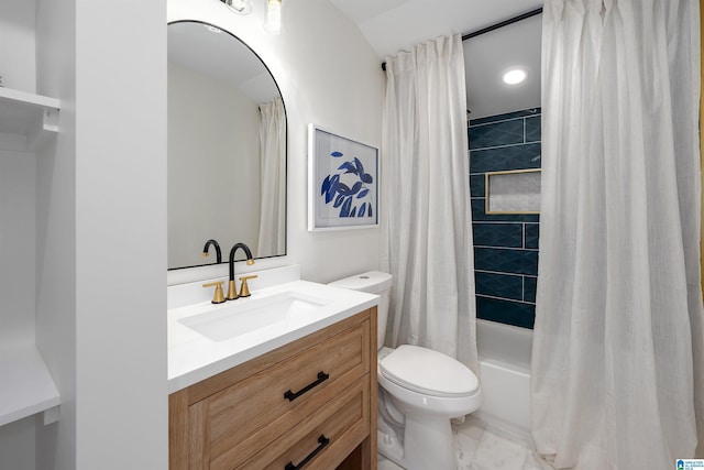 1121 Lawley St, Helena, AL 35080 - bathroom featuring shower / tub combo, vanity, marble finish floor, and toilet