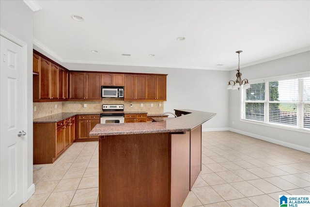 5592 Summit Pointe, Pinson, AL 35126 - kitchen with stainless steel microwave, backsplash, range with electric stovetop, and light tile patterned floors