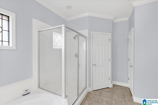 5592 Summit Pointe, Pinson, AL 35126 - full bath with tile patterned floors, ornamental molding, a stall shower, and a healthy amount of sunlight