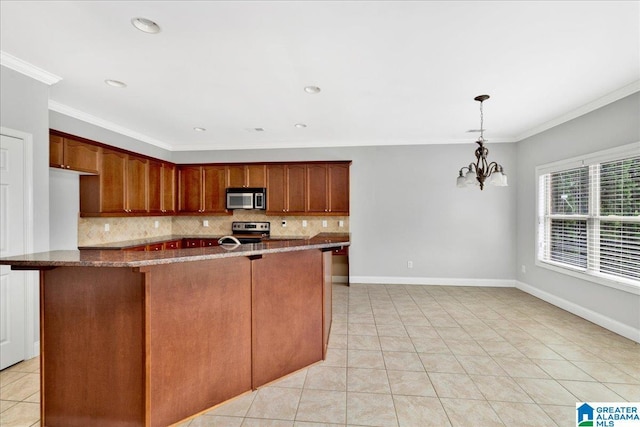 5592 Summit Pointe, Pinson, AL 35126 - kitchen featuring dark stone countertops, backsplash, light tile patterned floors, and stainless steel appliances