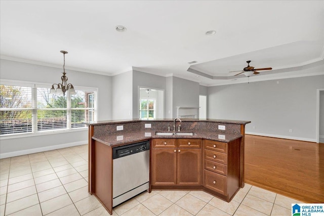 5592 Summit Pointe, Pinson, AL 35126 - kitchen with crown molding, ceiling fan with notable chandelier, stainless steel dishwasher, a sink, and baseboards