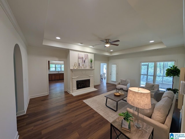 4206 Shinnecock Cir, Bessemer, AL 35022 - living room featuring a ceiling fan, baseboards, a raised ceiling, and dark wood finished floors