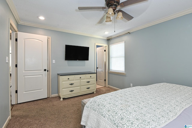 carpeted bedroom featuring recessed lighting, ceiling fan, baseboards, and ornamental molding