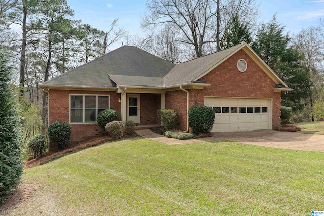 ranch-style home with a front lawn, brick siding, an attached garage, a shingled roof, and driveway