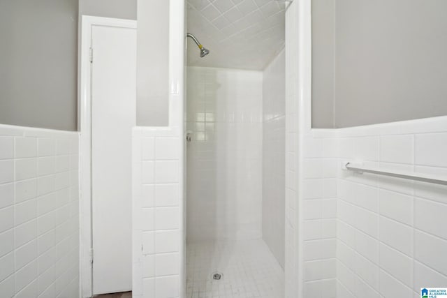 bathroom with a shower stall, wainscoting, and tile walls