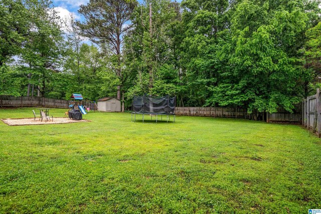13563 Date St, Northport, AL 35475 - view of yard with an outdoor structure, a storage shed, a trampoline, and a fenced backyard