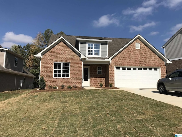 traditional-style home featuring an attached garage, central air condition unit, brick siding, a front lawn, and driveway