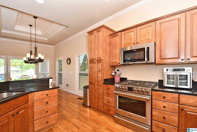 kitchen featuring an inviting chandelier, a tray ceiling, light wood-style flooring, decorative light fixtures, and appliances with stainless steel finishes